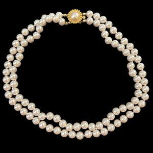 Elegant Vintage Silk Strung Double Strand Glass Pearl Necklace Gold Plated Clasp